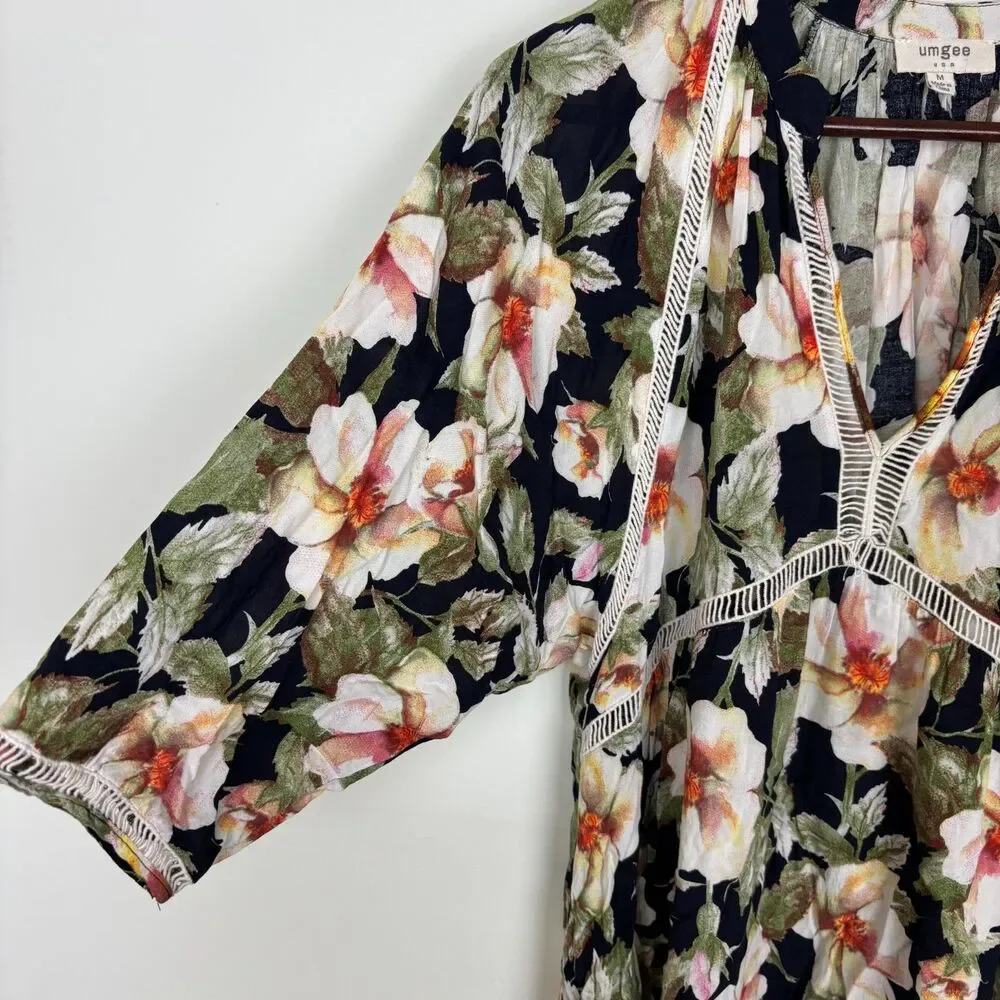 Umgee Apple Blossom Green Floral Tunic Mini Dress Women's Medium